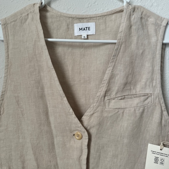 NWT Size XL Tan vneck Sleeveless Button Down Pockets Linen Vest - Mate the Label - Picture 5 of 15